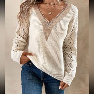 Comfy Sheer Lace V Neck Knit Swearer Top
